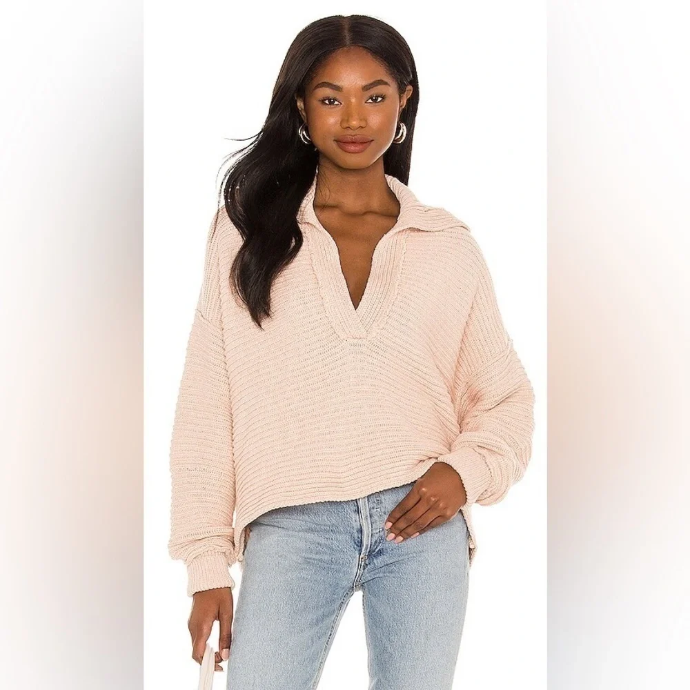 Free People Women’s Marlie Pullover V Neck Sweater Pink Size XS Ribbed Knit